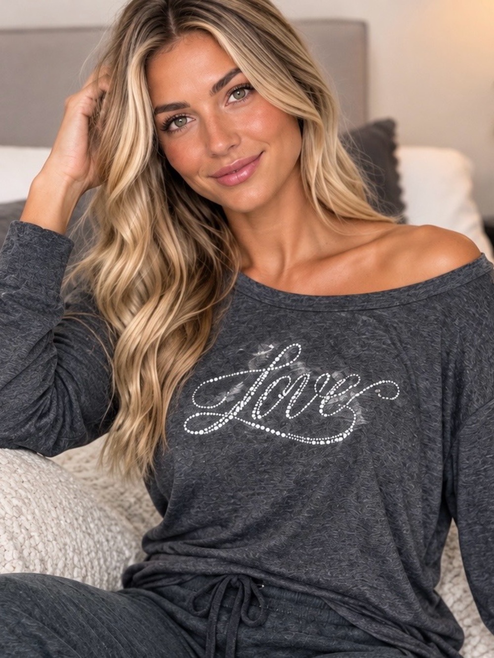 Victoria's Secret Charcoal Rhinestone "Love" Off-Shoulder Sweatshirt